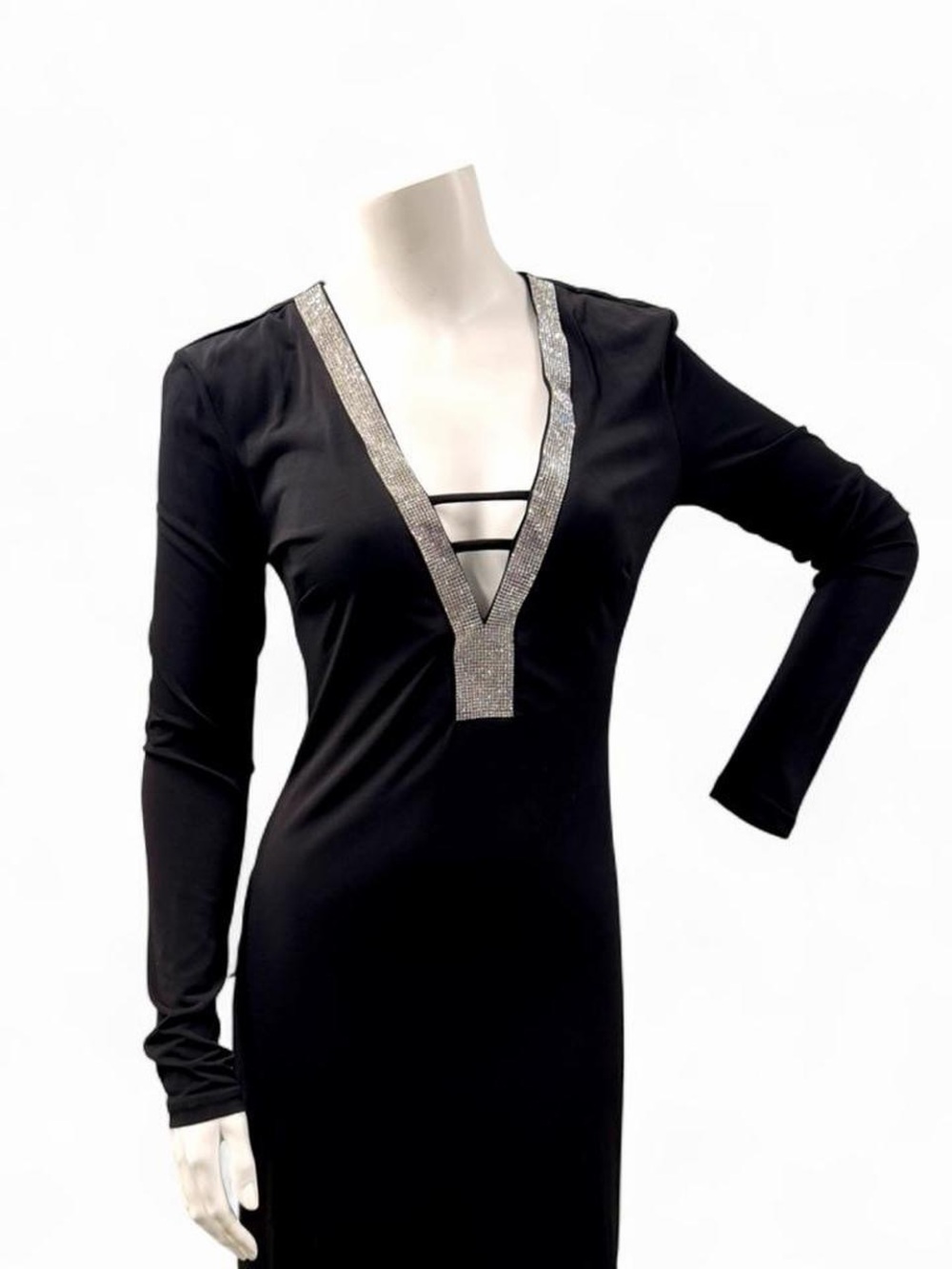 Sexy Black Rhinestone Plunging V-Neck Mini Dress - Long Sleeve Sparkly Clubwear
